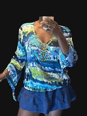 Sunny Leigh Watercolor Beaded Bell Sleeve Boho Blouse XL